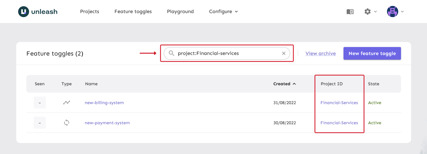 The feature flag list with an overlay listing all the projects available. You can select a project and the list will update with the flags belonging to that project.